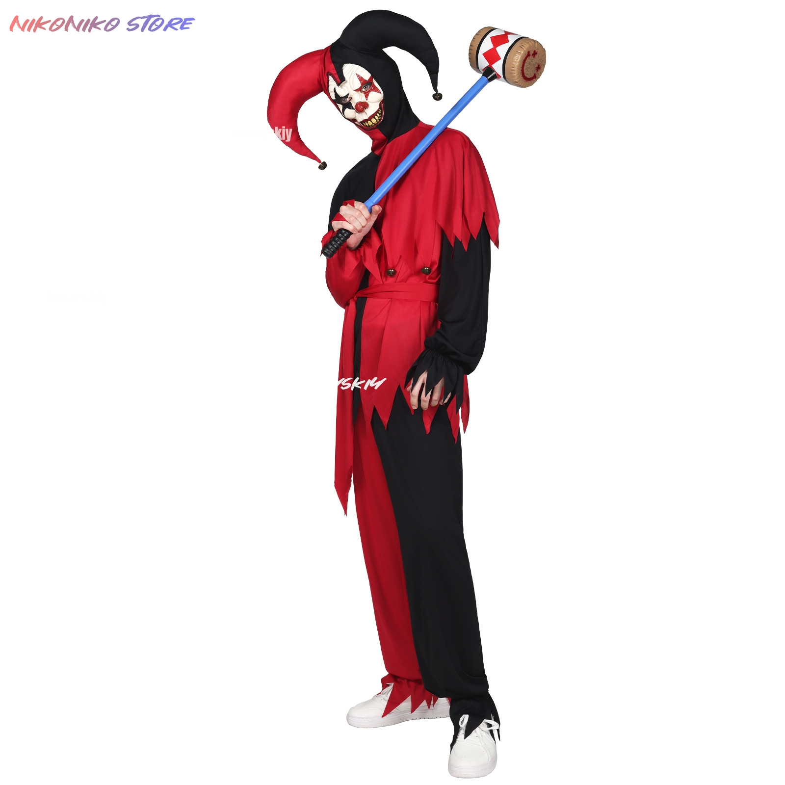 Black Face Mask Pack - Rood-zwarte gekartelde nar-outfit met narhoed Halloween